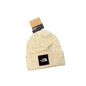 The North Face Unisex Beanie Bleached Sand Hat Beige‎ Black Box Logo Winter NWT